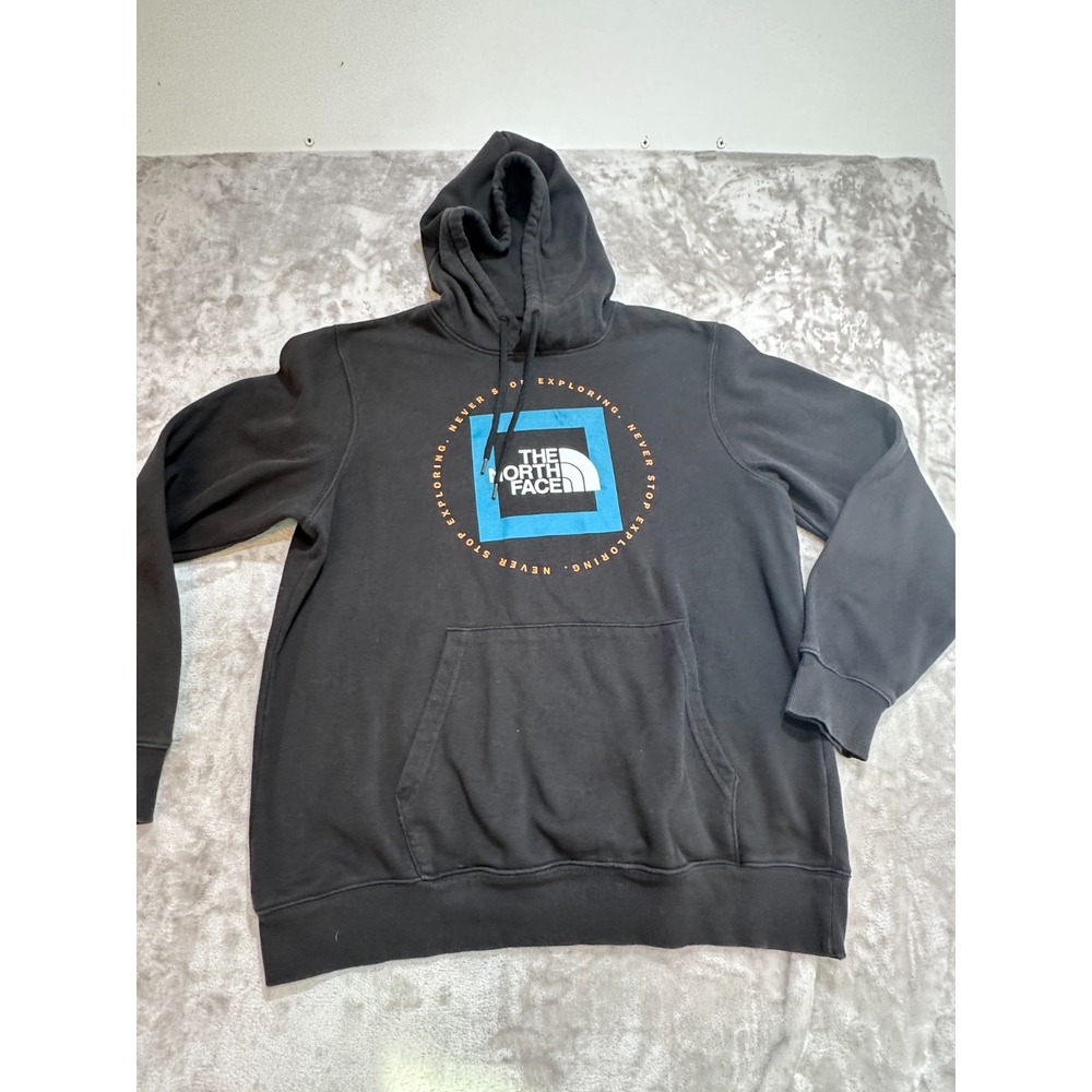 The North Face Geo NSE Hoodie Mens L Black Blue Graphic Pullover Sweatshirt
